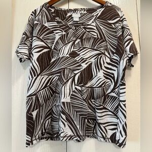 Chico’s Linen White & Brown Leaf print short sleeve top Size Small